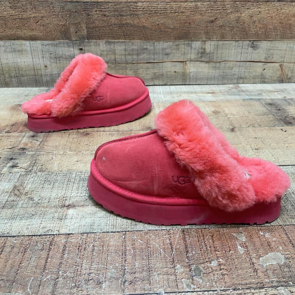 UGG Slippers Womens Size 6 37 Pink Suede Shearling Lined Platform Mule Shoes